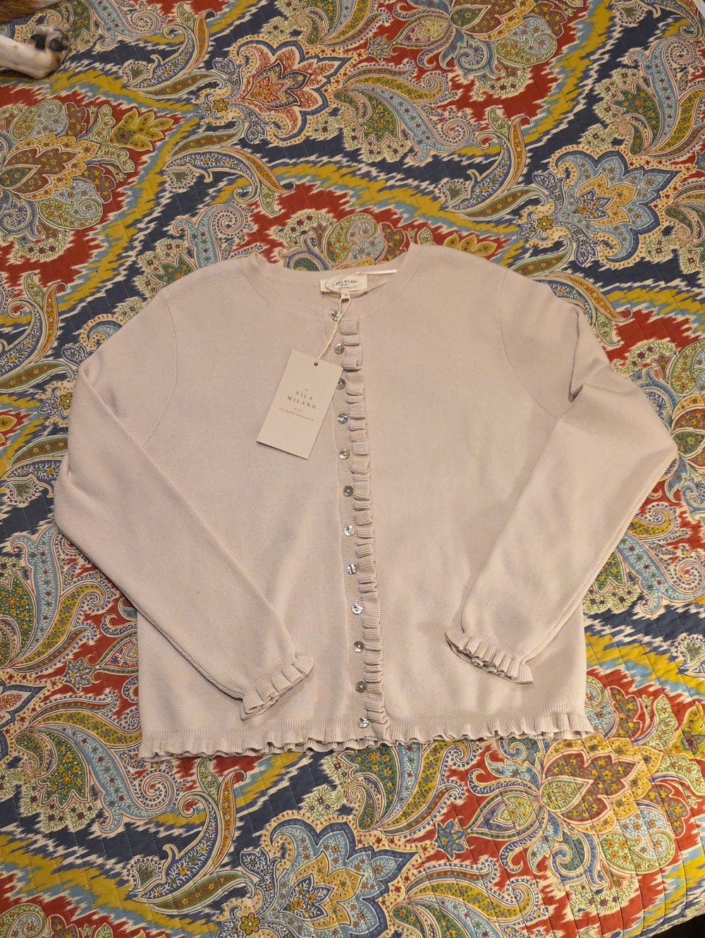 La Vila Milano Light Cream Ruffle-Trim Button Cardigan Sweater NWT Cute